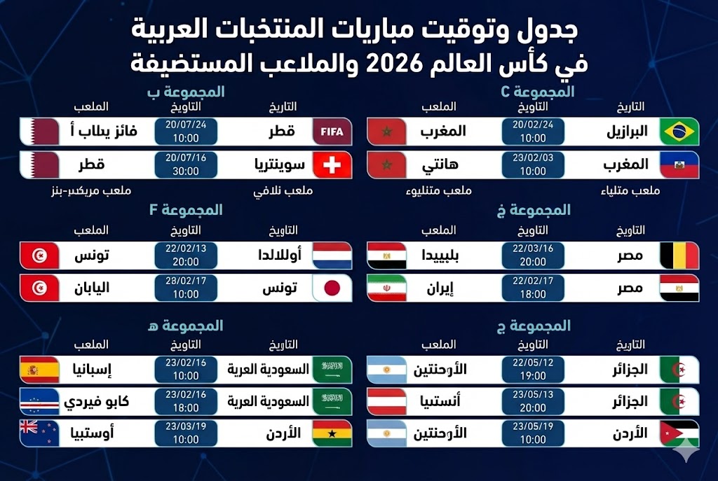 جدول وتوقيت مباريات المنتخبات العربية في كأس العالم 2026 والملاعب المستضيفة
